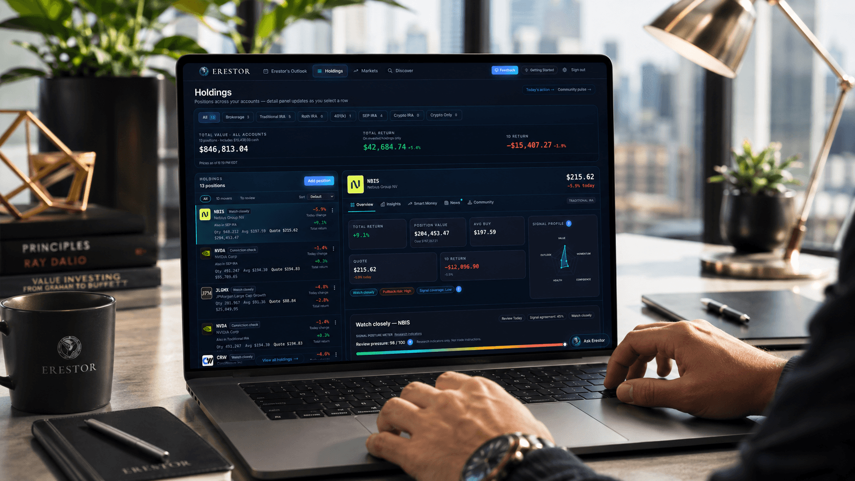 Erestor.ai market intelligence dashboard shown on a laptop in a modern workspace